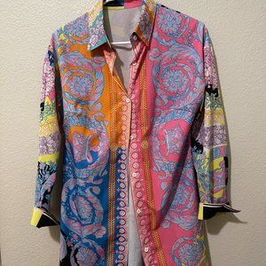 Women's Floral Print T-Shirt Dress - Button Down Long Sleeve Collar Loose Blouse
